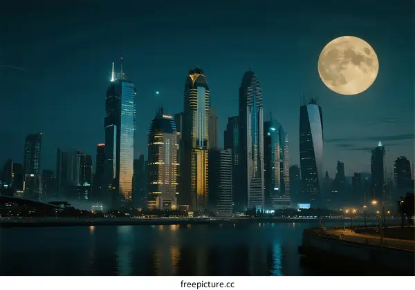 A full moon illuminating modern city skyscrapers at night