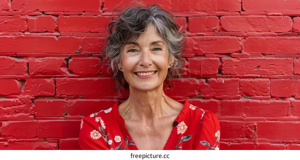 Portrait of a smiling mature woman with grey hair in front of a red brick wall