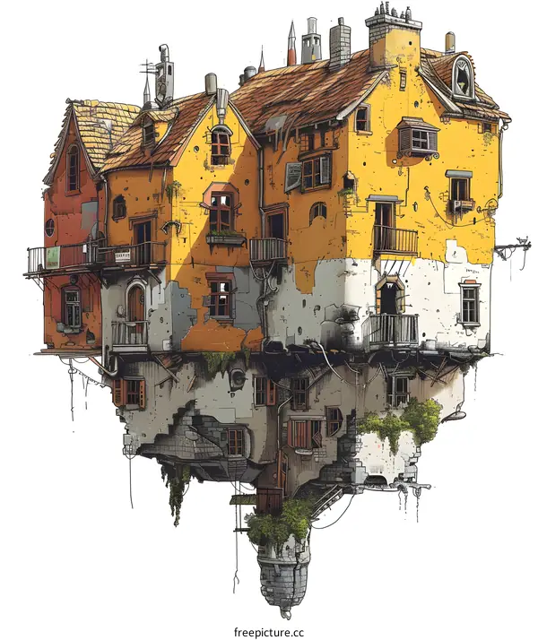 A rundown apartment building with overgrown plants