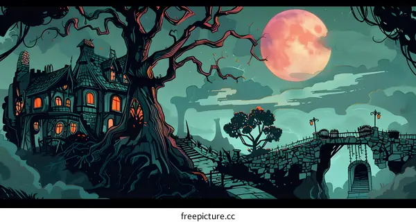 Haunted House Under a Full Moon Illustration