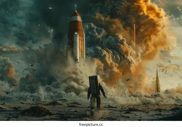 Astronaut walking on a异星塵埃行星 with a rocket in the background