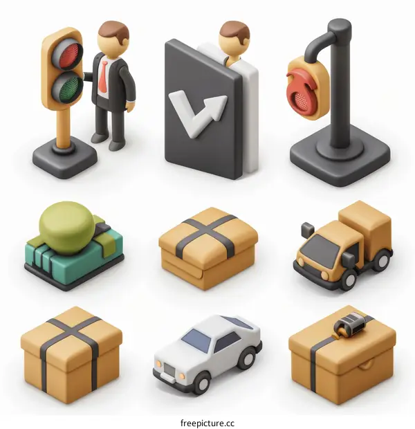 A 3D rendering of a city with isometric buildings, cars, and people