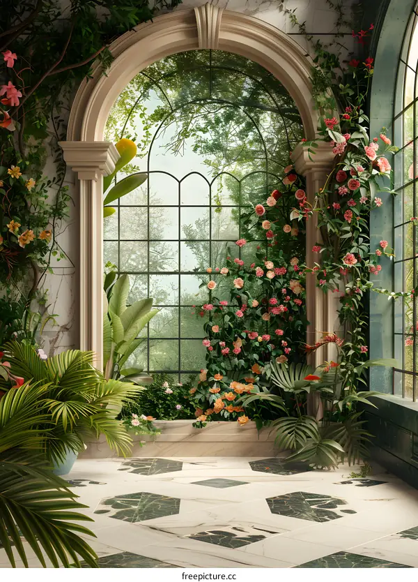 Arched Window with Colorful Plants and Sunlight