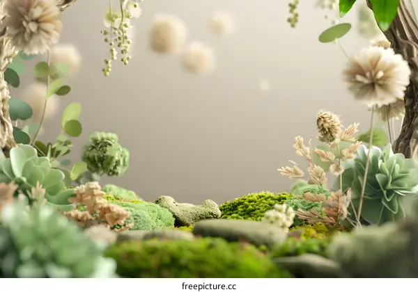 Green Nature Background with Moss and Flowers
