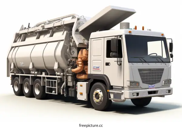 A large white vacuum truck with the word 'AJK' on the side