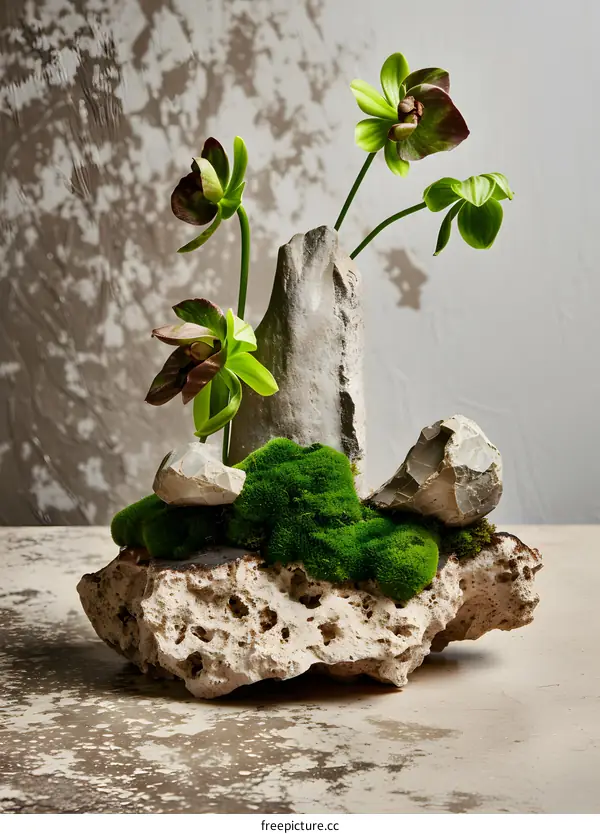 Stone Vase with Green Moss and Flowers