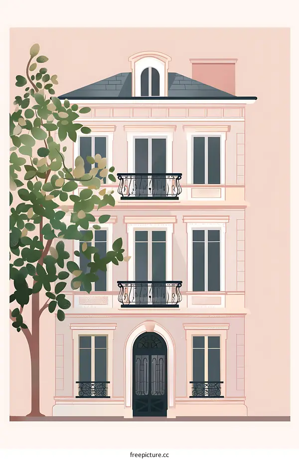 Pink Building Illustration With Tree