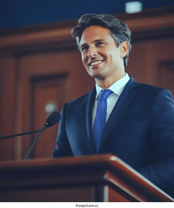 Smiling Businessman Giving Speech at Podium