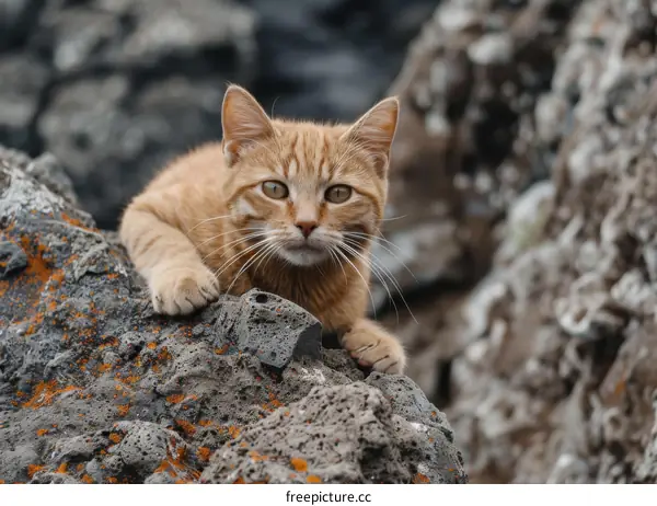 Ginger cat on a rock staring at the camera