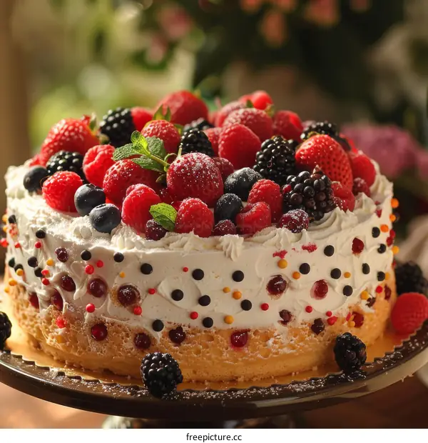 A cake decorated with strawberries, blueberries, and blackberries