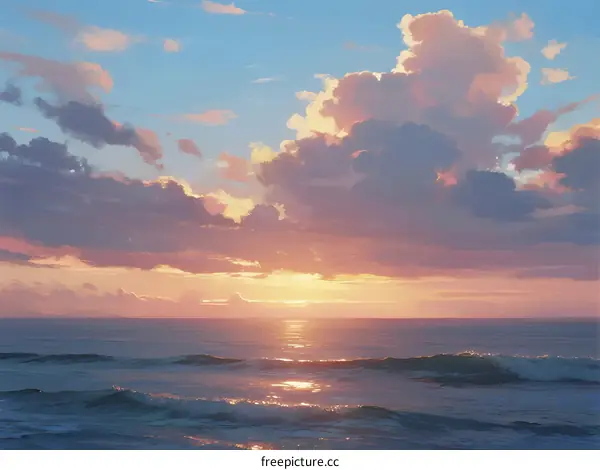 Golden Sunset Over Calm Ocean with Fluffy Clouds