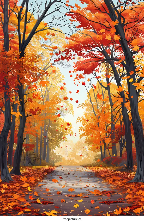 Autumn Path in the Woods With Falling Leaves