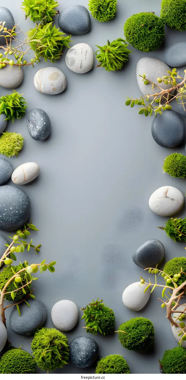 Zen Stones and Moss Arrangement on Gray Background