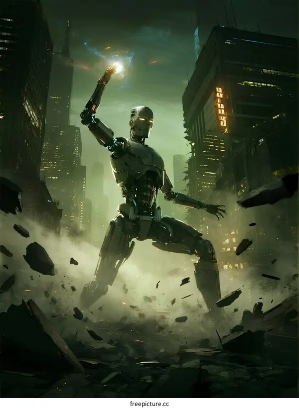 Robotic figure holding glowing object amid city ruins after destruction