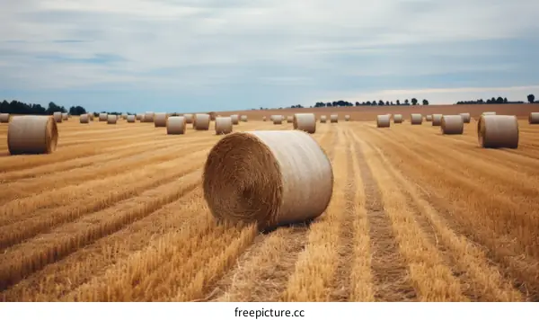 Field of Hay Bales Under Cloudy Sky