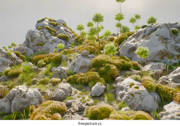 Green Grass and Mossy Rocks in a Mountainous Landscape