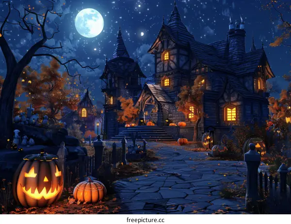 Pumpkins and Mansion on Spooky Halloween Night