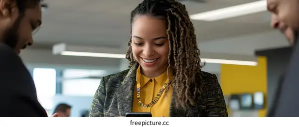 Businesswoman using phone while discussing with colleagues