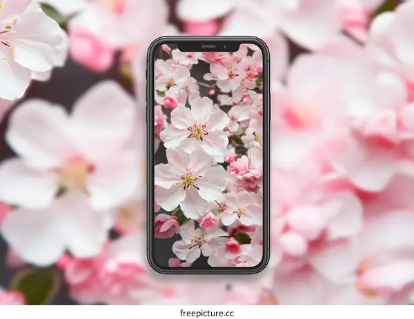 Pink Flowers on Phone Screen with Blurred Background