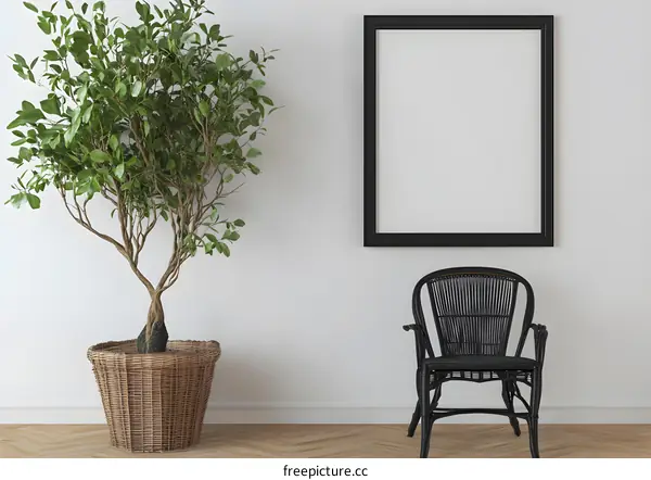 Minimalist Living Room Interior Design with Black Wicker Chair and Green Plant