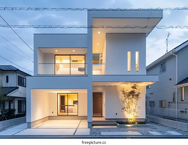 Modern Minimalist House Exterior Design with Large Windows and Glass Railing