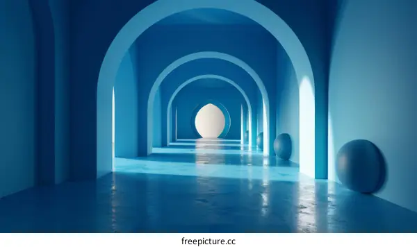 Abstract Blue Hallway with Arches and Spheres
