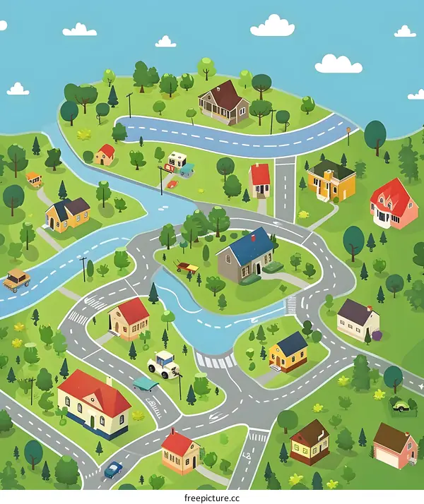 Cartoon Illustration of a Small Town with Houses, Roads, and a River