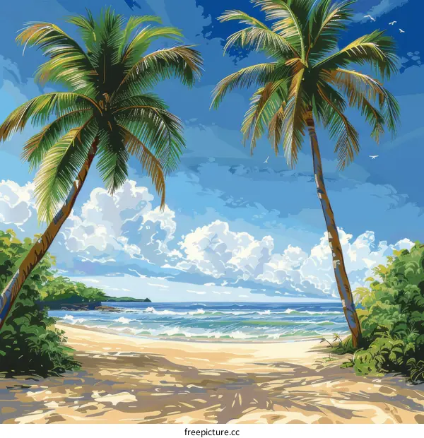 Two palm trees on a secluded beach