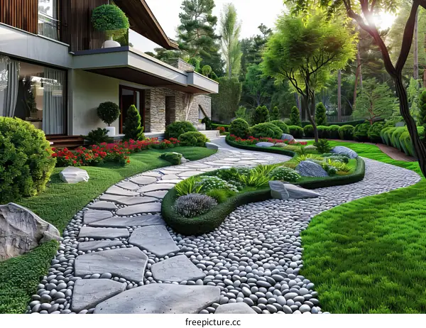 Stone Path Garden with Lush Plants and Flowers