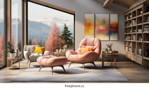 Modern Living Room with Floor-to-Ceiling Windows and Mountain Views