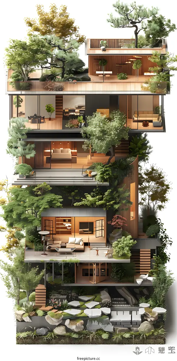 Modern Japanese Home with Green Roof and Patio