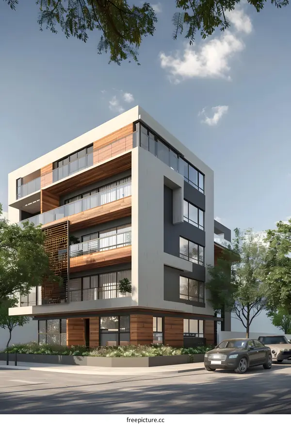 Modern Apartment Building Exterior Design with Wood Accents