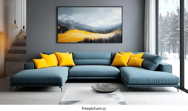 Modern L-Shaped Sofa in Gray-Blue Living Room