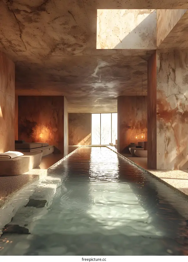 An indoor swimming pool with a large window