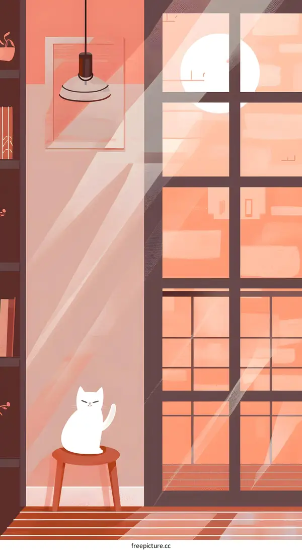 Cute Cat Illustration Sitting on Stool Beside Window