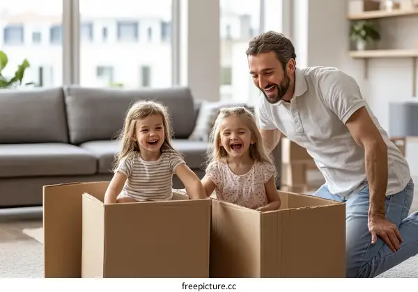 Happy Family Playing in Cardboard Boxes