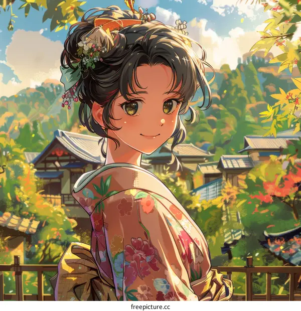 An illustration of a young woman in a kimono standing in a traditional Japanese village