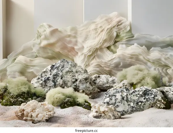 Abstract Minimalist Composition with Rocks, Sand, and Fabric