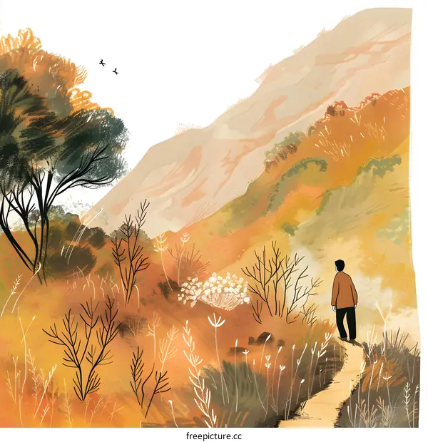 Autumn Landscape with a Single Person Walking on a Path