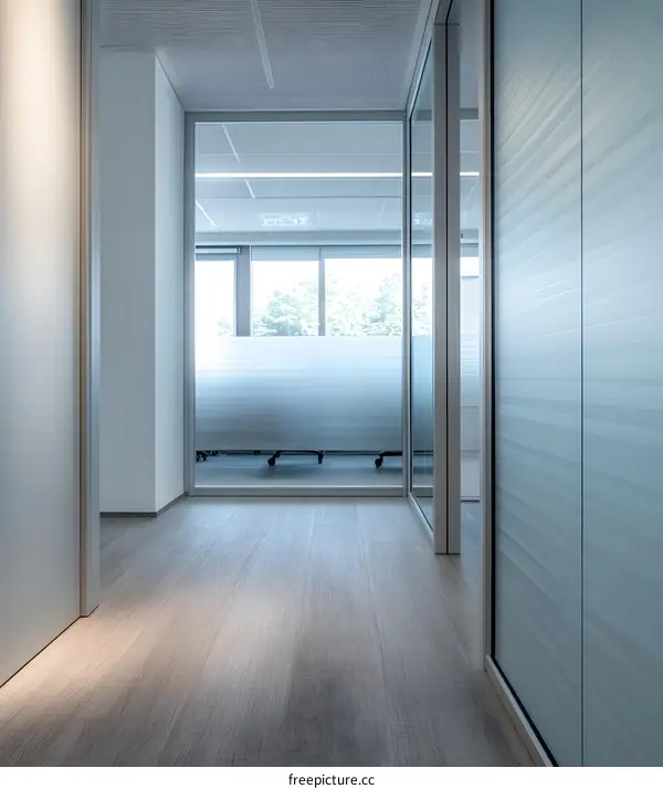 Modern Office Corridor with Glass Walls and Frosted Glass Partition