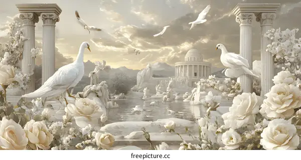 White Swan and Greek Columns in a Beautiful Landscape