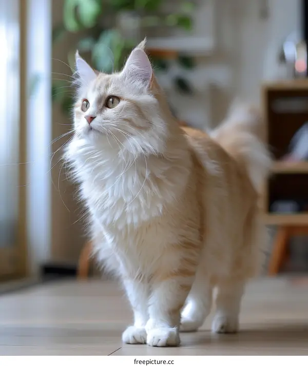 A ginger cat is walking on the wooden floor in the house
