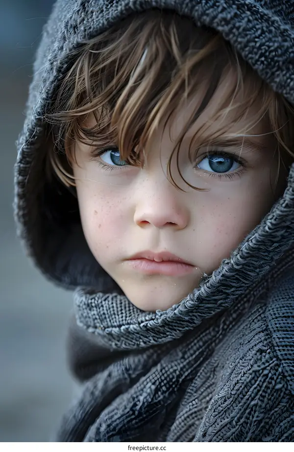 Portrait of a boy in a gray hoodie