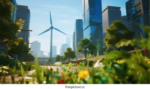 Modern Cityscape with Wind Turbine and Greenery