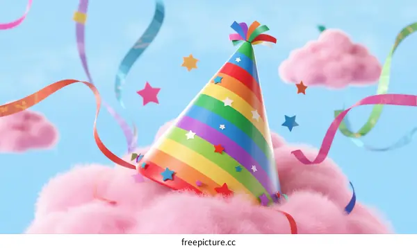 Colorful Rainbow Party Hat on Fluffy Pink Clouds with Confetti