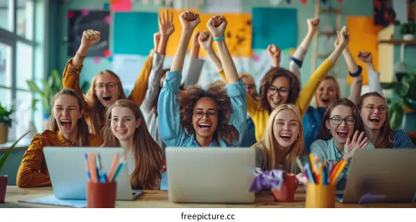 Group of diverse young women celebrating their success