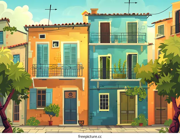 Colorful Mediterranean Style Buildings with Balconies
