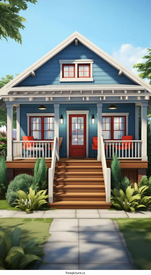 Small Blue House With Red Door