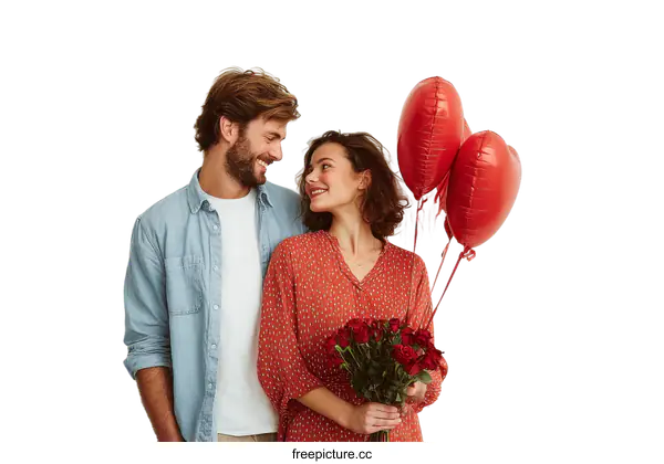 [Transparent Background PNG]Young couple holding red roses and heart-shaped balloons