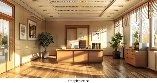 Office interior with wooden desk, plants and large windows